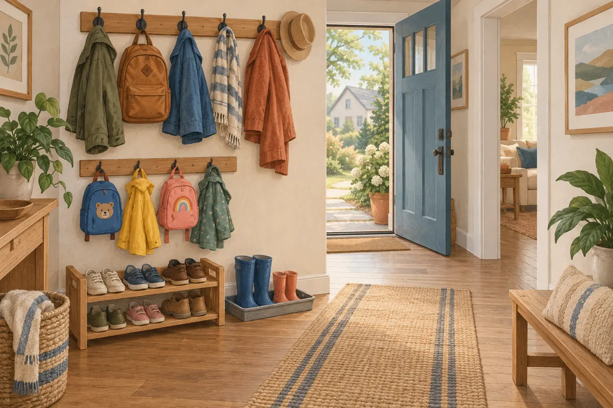 Illustrated small family entryway with reachable bag hooks, organized shoes and a separate tray for rain boots.