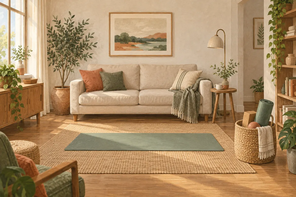 Illustration of a small living room arranged with clear floor space for a stretching mat and nearby accessory storage.
