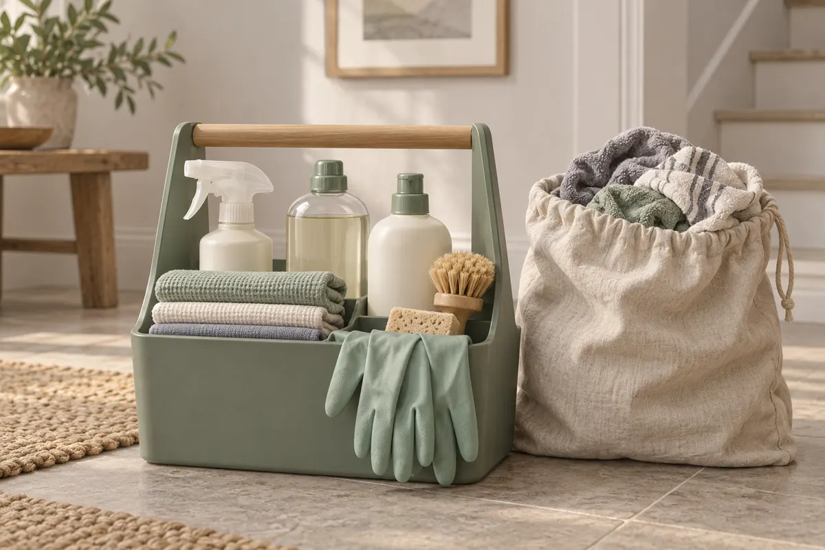 Illustration of a compact cleaning caddy with bottles, cloths, a brush, and gloves.