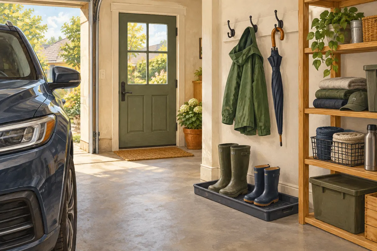 Illustrated garage storage area with wet gear above a drip tray and a clear route to the house.