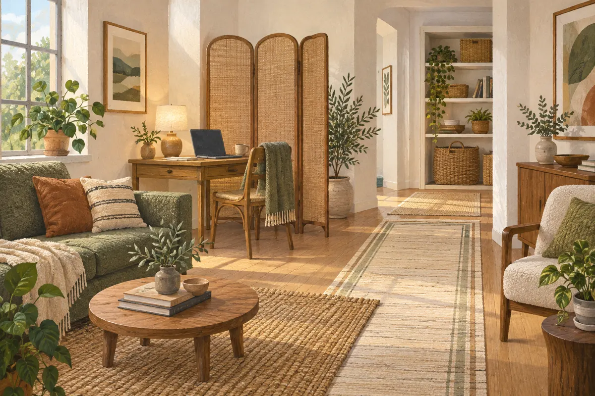 Illustration of a removable folding-screen video-call backdrop in a shared living room.
