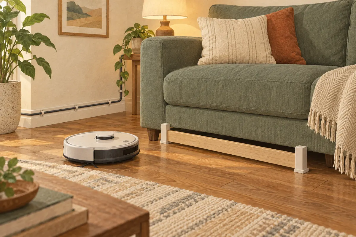 Illustration of a robot vacuum beside a sofa with a secured cable and a barrier blocking the low gap.
