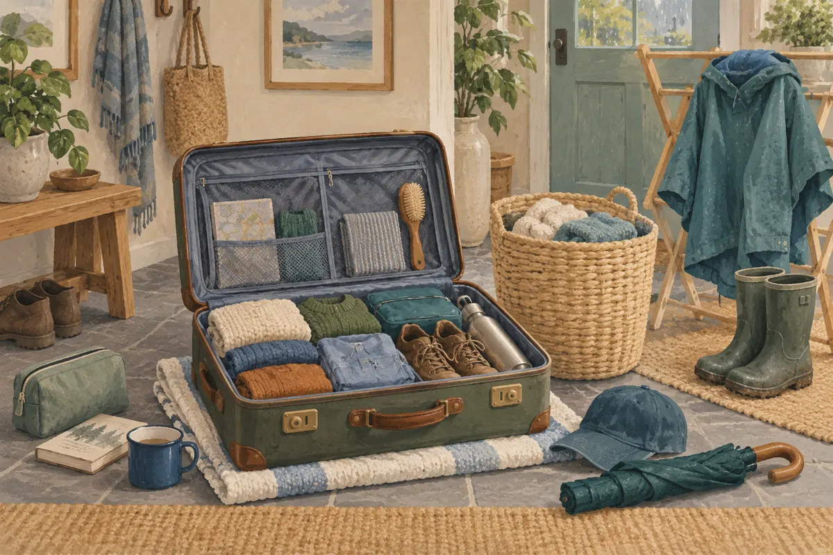 Illustration of an open suitcase and belongings sorted beside a drying rack after a rainy trip.